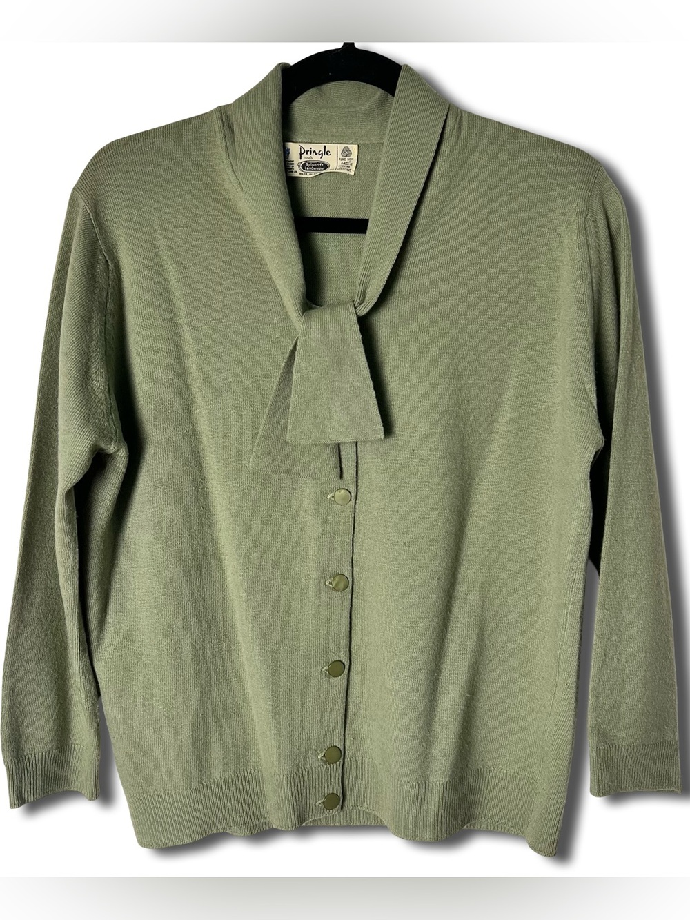 Pringle VTG Women Sage Lambswool Tie Neck Cardigan Spindrift Scotland Sz M